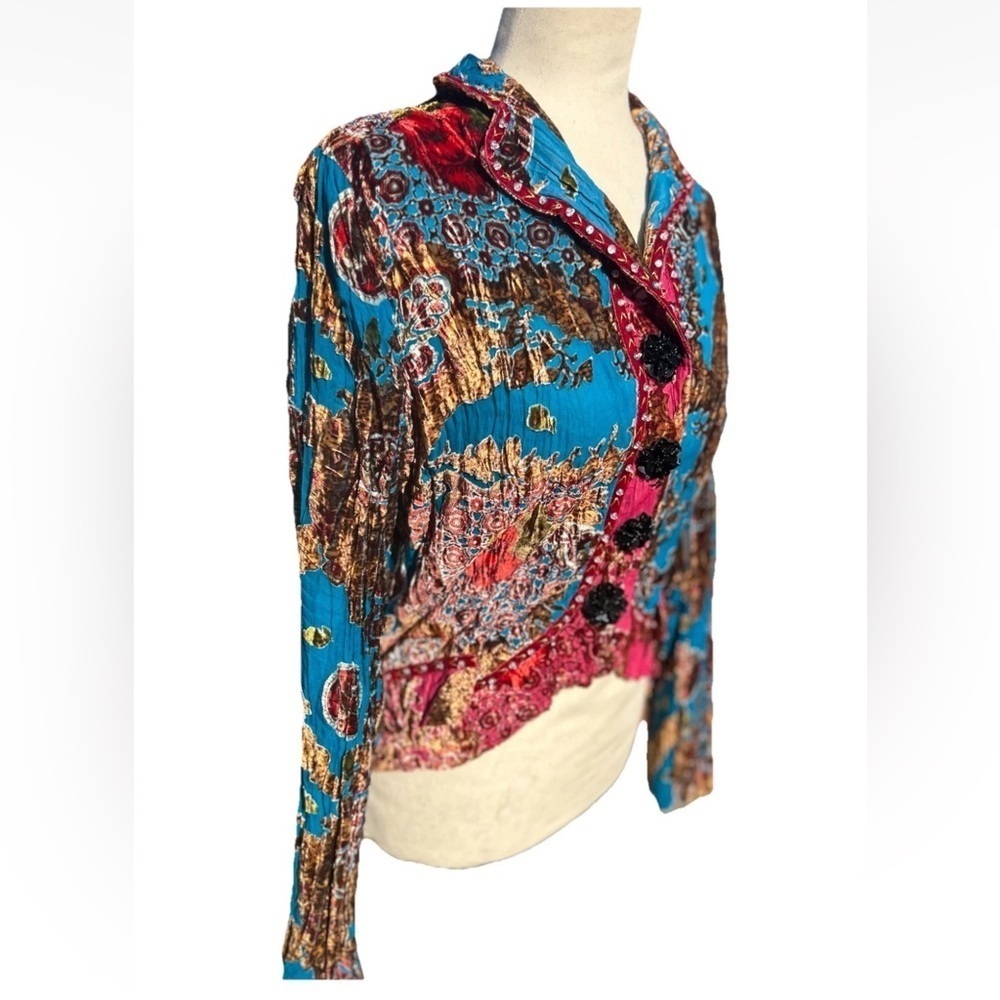 ALBERTO MAKALI Boho Crushed Velvet Burnout Jacket Teal Floral Size Small